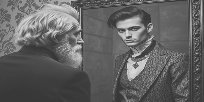 man looking in mirror at a younger self