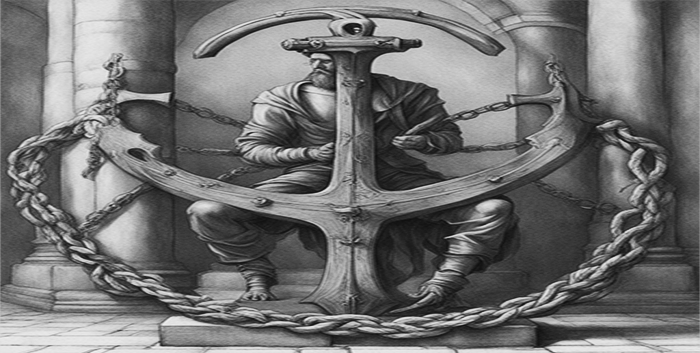 man chained to a large ancient anchor