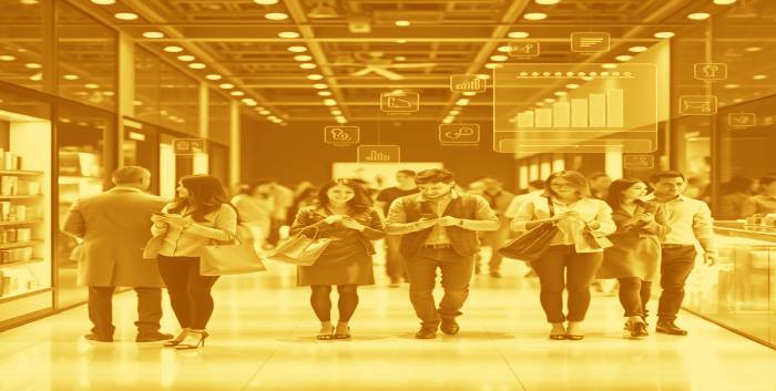 Diverse group of people with cell phones in shopping mall