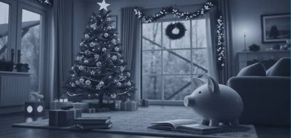 Holiday living room with Christmas tree, piggy bank, and budget journal symbolizing mindful spending.