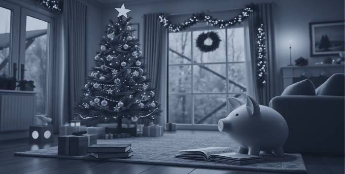Holiday living room with Christmas tree, piggy bank, and budget journal symbolizing mindful spending.